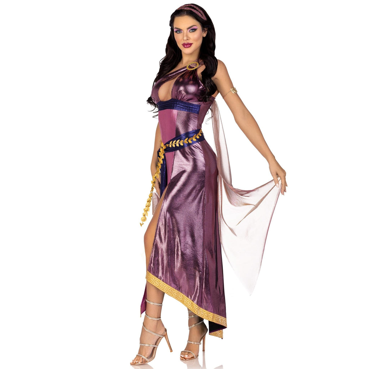 Side view of purple Greek goddess costume with one-shoulder shimmer dress - Golddiggers Boutique