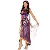 Side view of purple Greek goddess costume with one-shoulder shimmer dress - Golddiggers Boutique