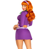 Close back view of purple mystery solver costume with crop top, skirt, and scarf - Golddiggers Boutique