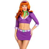Close front view of purple mystery solver costume with crop top, skirt, and scarf - Golddiggers Boutique