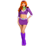 Front view of purple mystery solver costume with crop top, skirt, and scarf - Golddiggers Boutique