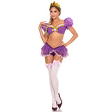 Front pose of purple tower princess costume with bra top and crown - Golddiggers Boutique