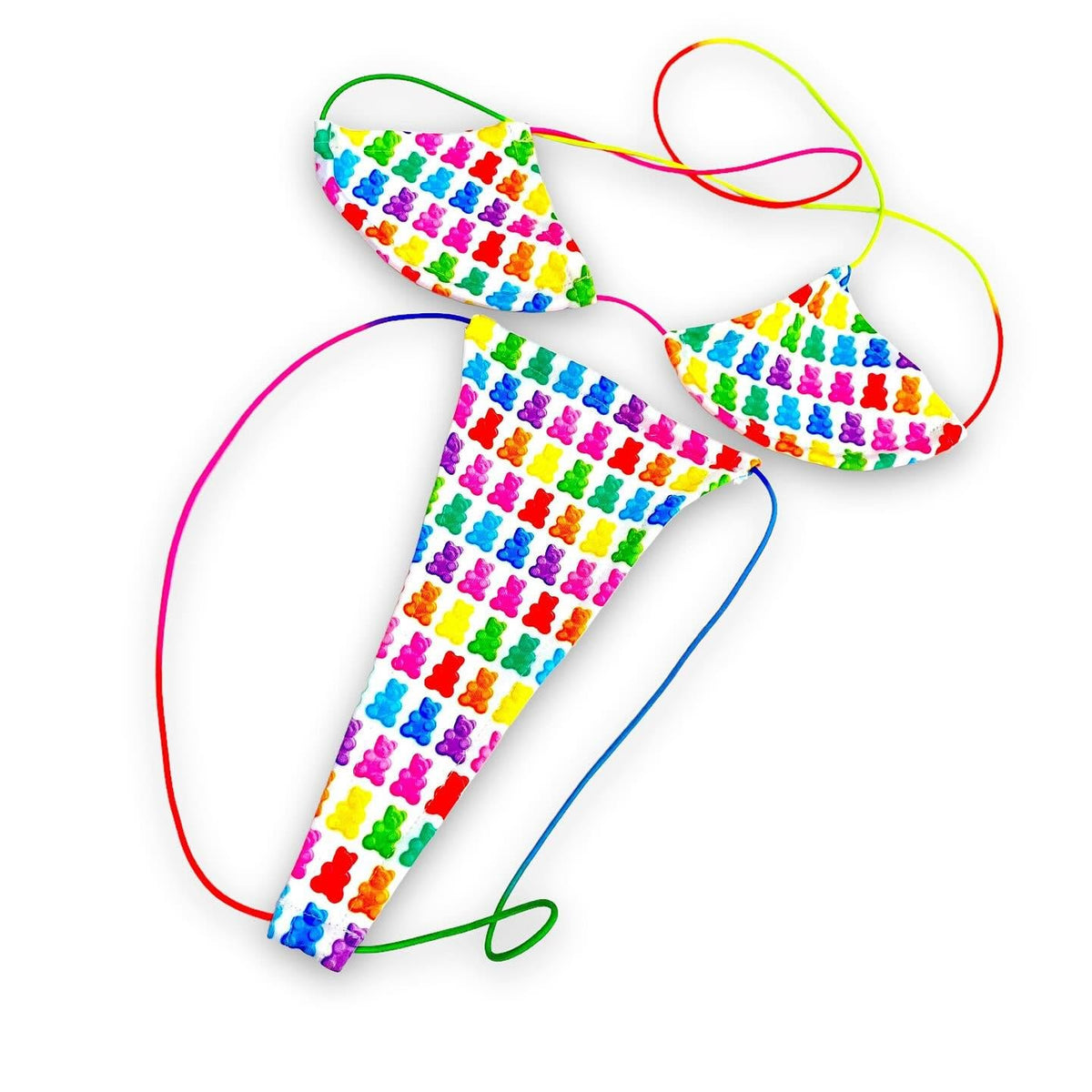 Rainbow gummy bear print micro 'kini on rainbow elastic strings, flat lay on white - Golddiggers Boutique