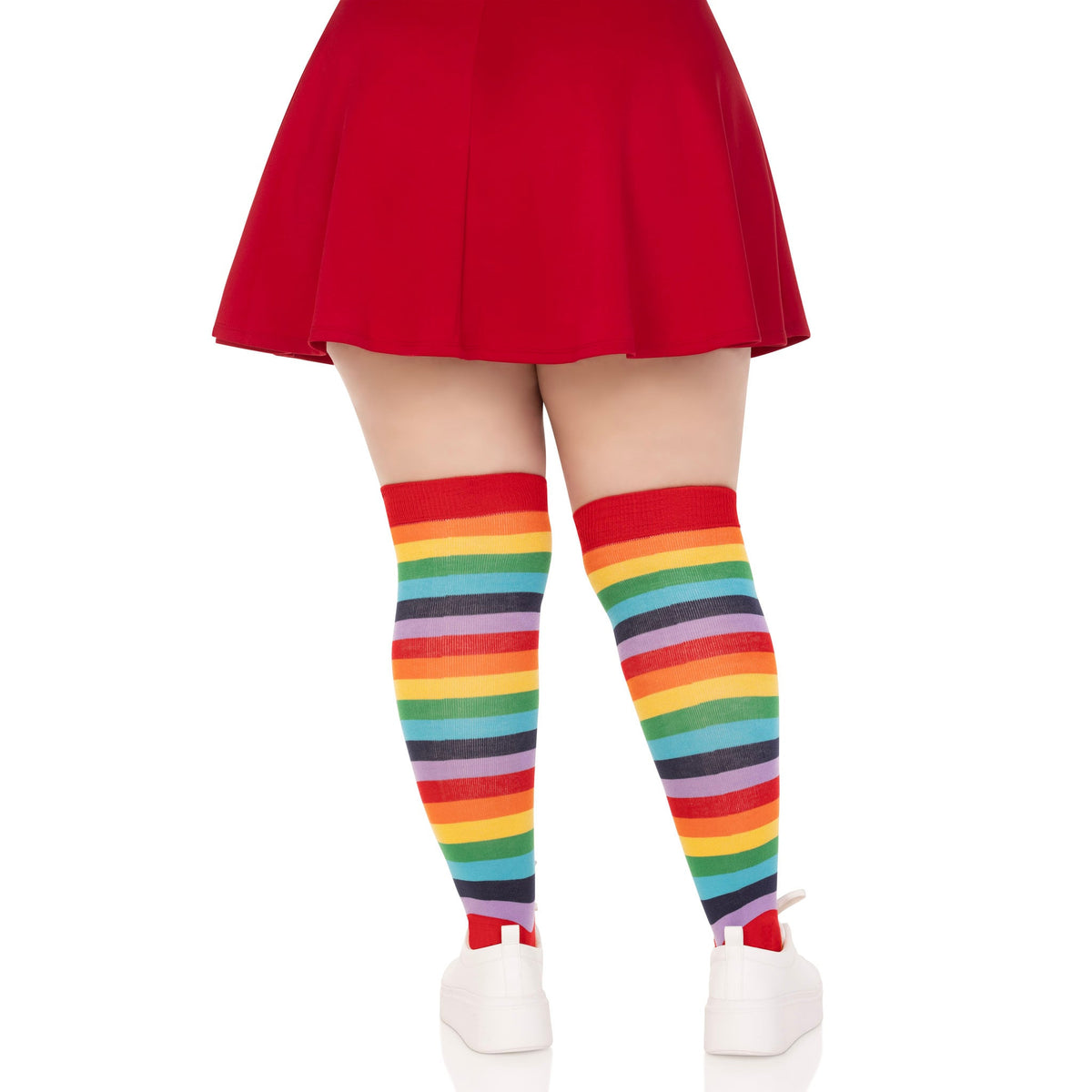 Back view of rainbow striped plus size thigh highs - Golddiggers Boutique