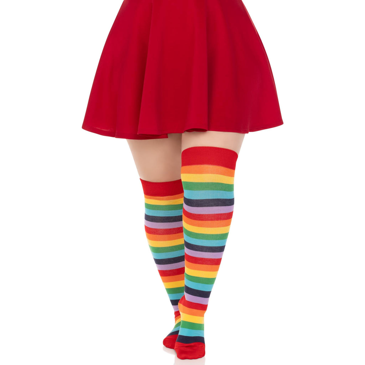 Front view of rainbow striped plus size thigh highs - Golddiggers Boutique