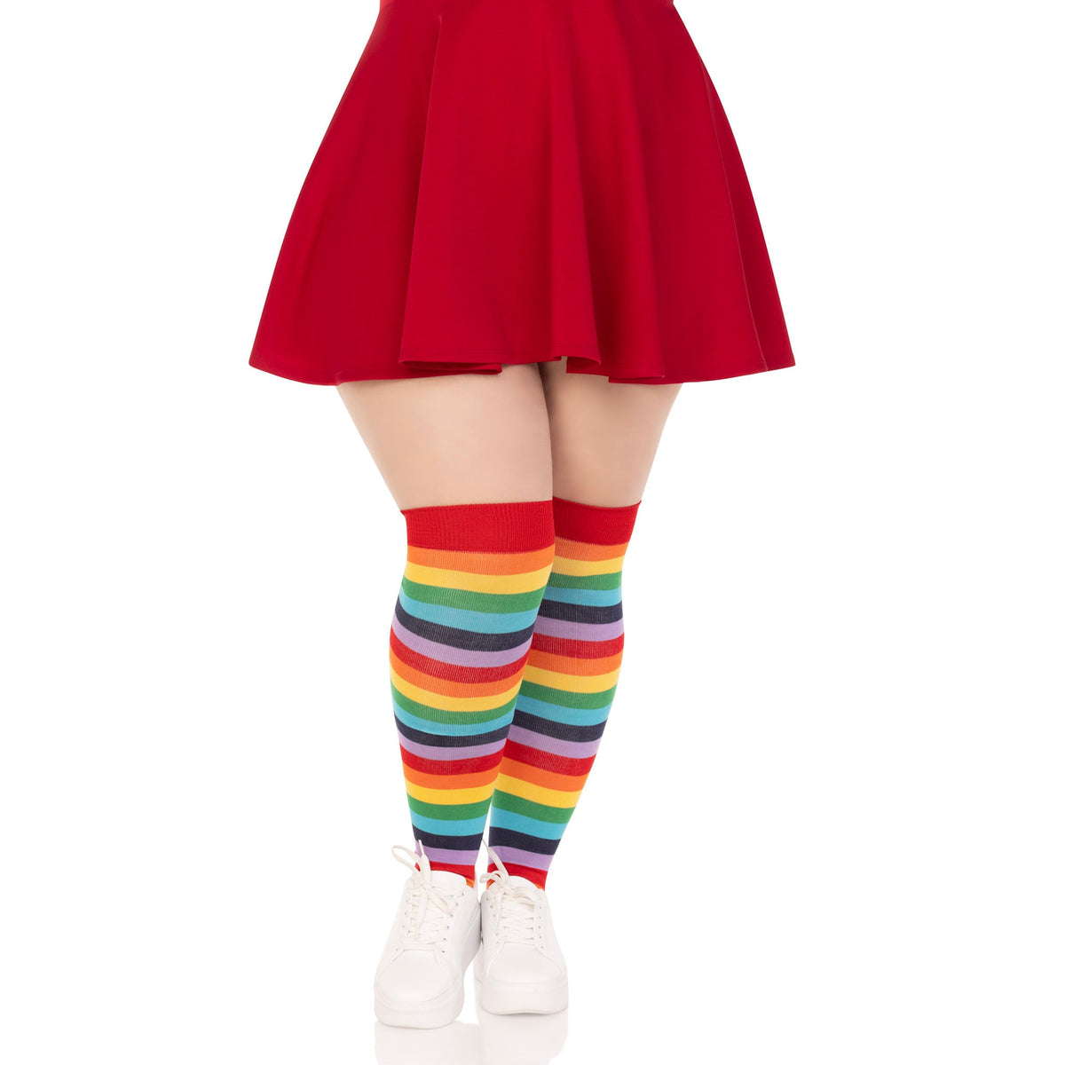 Front view of rainbow striped plus size thigh highs - Golddiggers Boutique