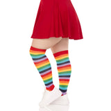 Side view of rainbow striped plus size thigh highs - Golddiggers Boutique