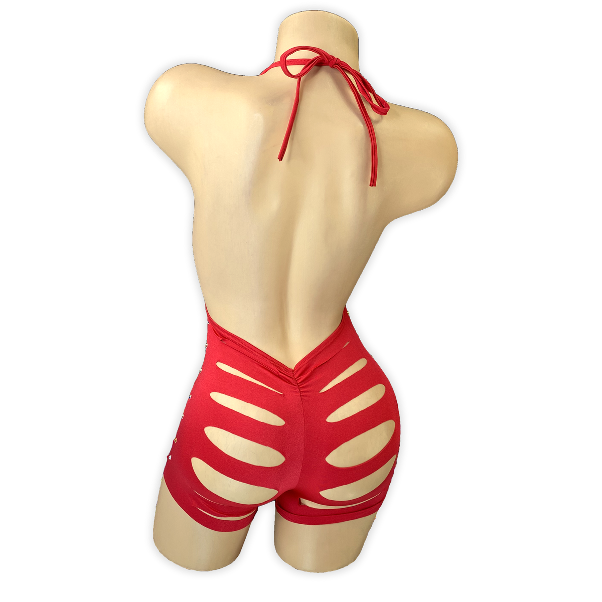 Red Ava rhinestone ladder cutout romper, back view with scrunch seat and slashed shorts