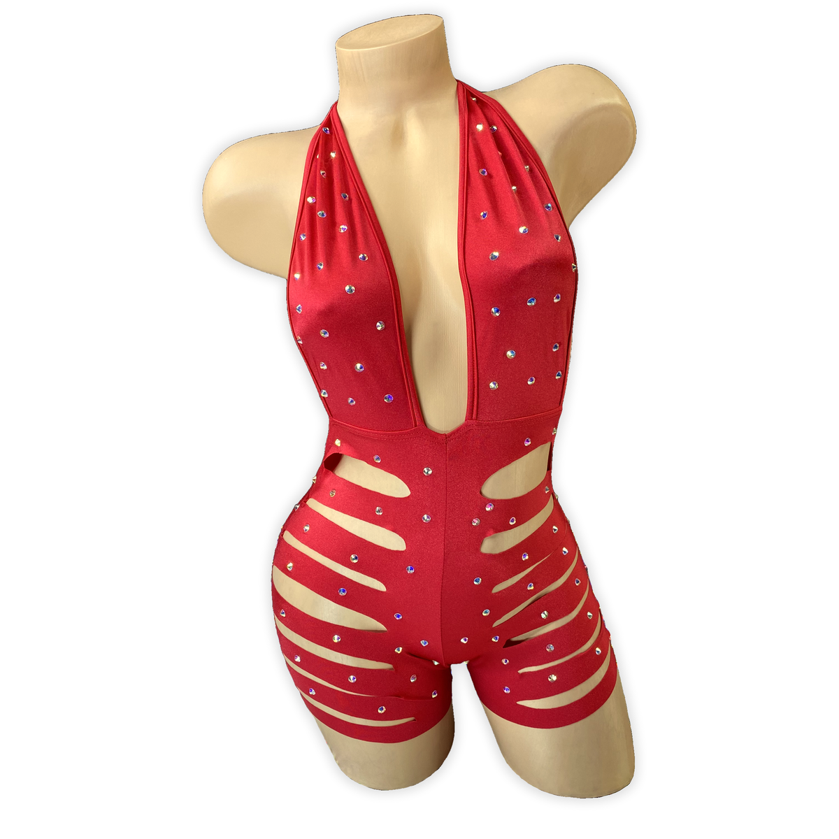 Red Ava rhinestone ladder cutout romper, front view on mannequin