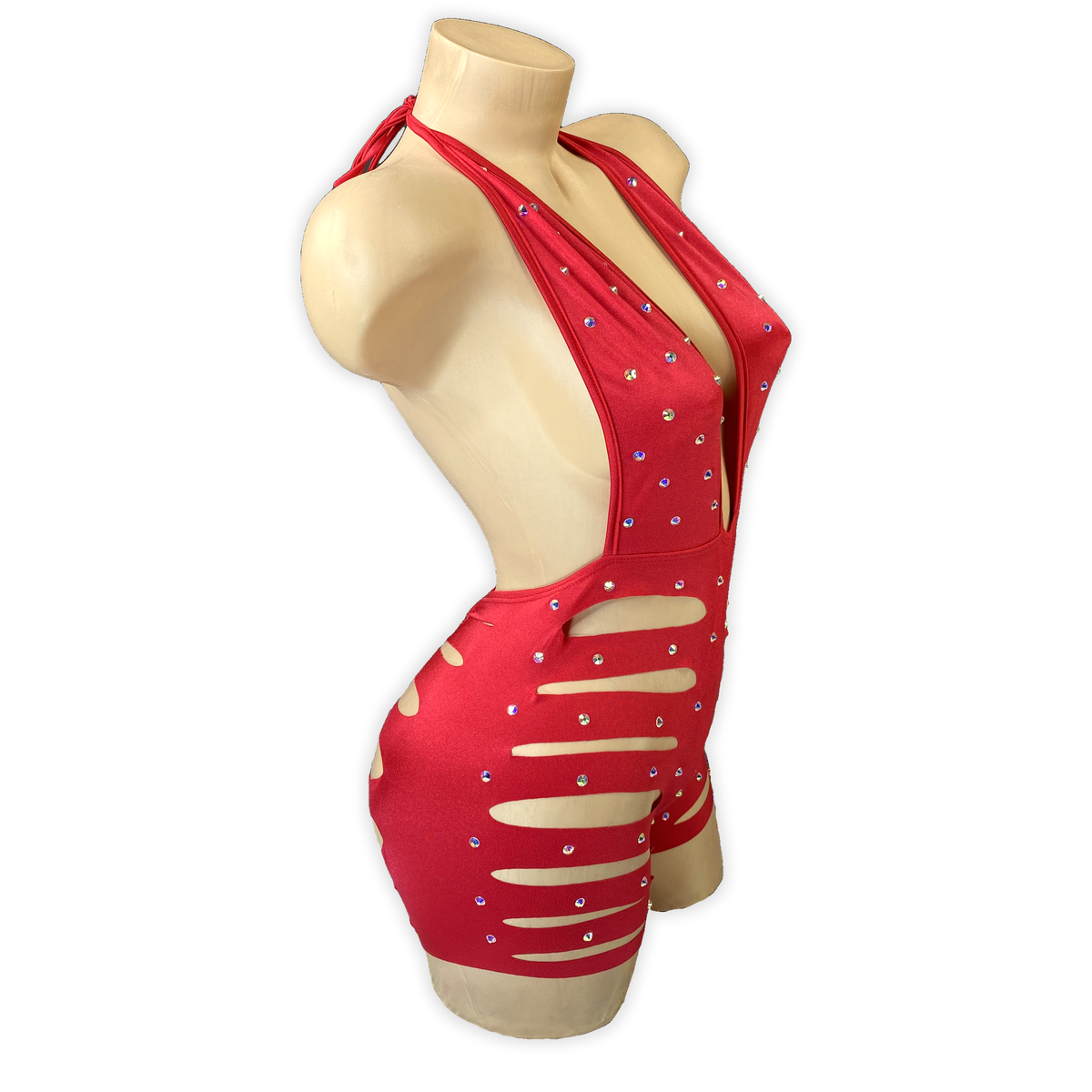 Red Ava rhinestone ladder cutout romper, side view showing the ladder cutouts