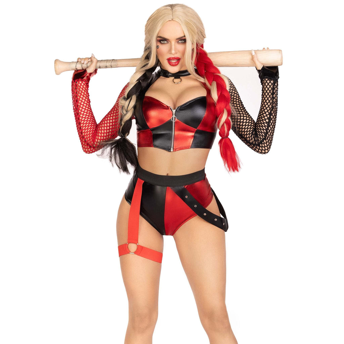 Close front view of red and black harlequin villain costume with net sleeves and garter - Golddiggers Boutique