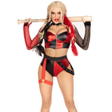 Close front view of red and black harlequin villain costume with net sleeves and garter - Golddiggers Boutique