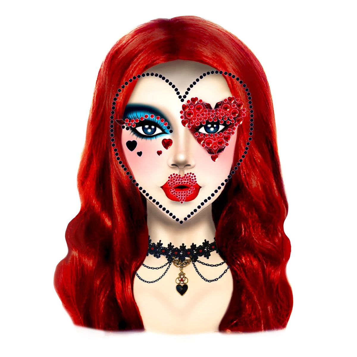 Detail view of red and black queen face jewels - Golddiggers Boutique