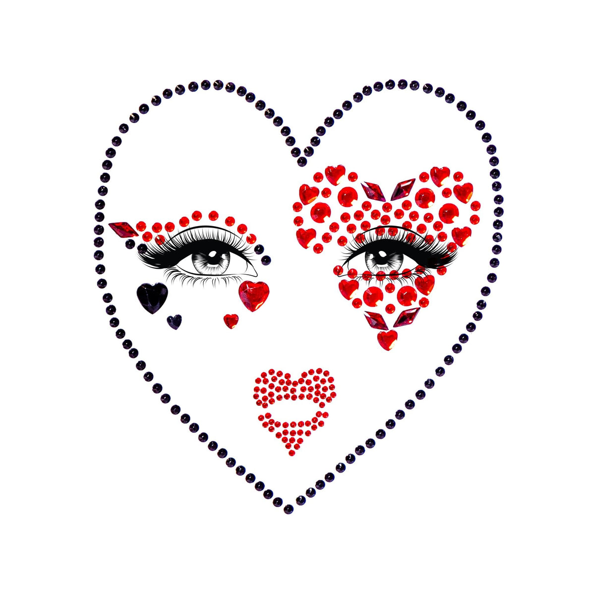 Front view of red and black queen face jewels - Golddiggers Boutique