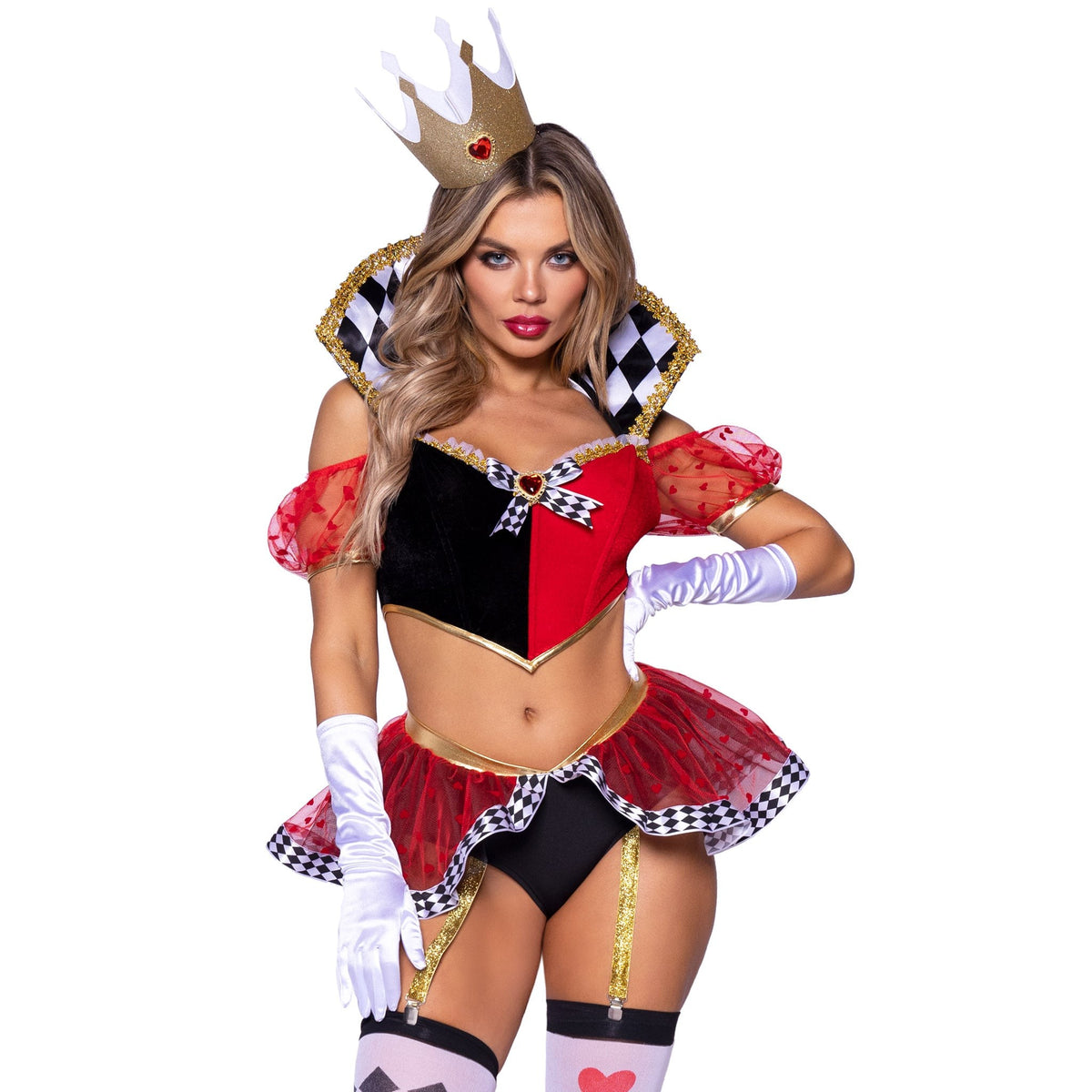 Close front view of red and black queen of hearts costume with peplum and crown headband - Golddiggers Boutique