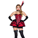Close front pose of red and black saloon girl costume with corset dress and feather head piece - Golddiggers Boutique