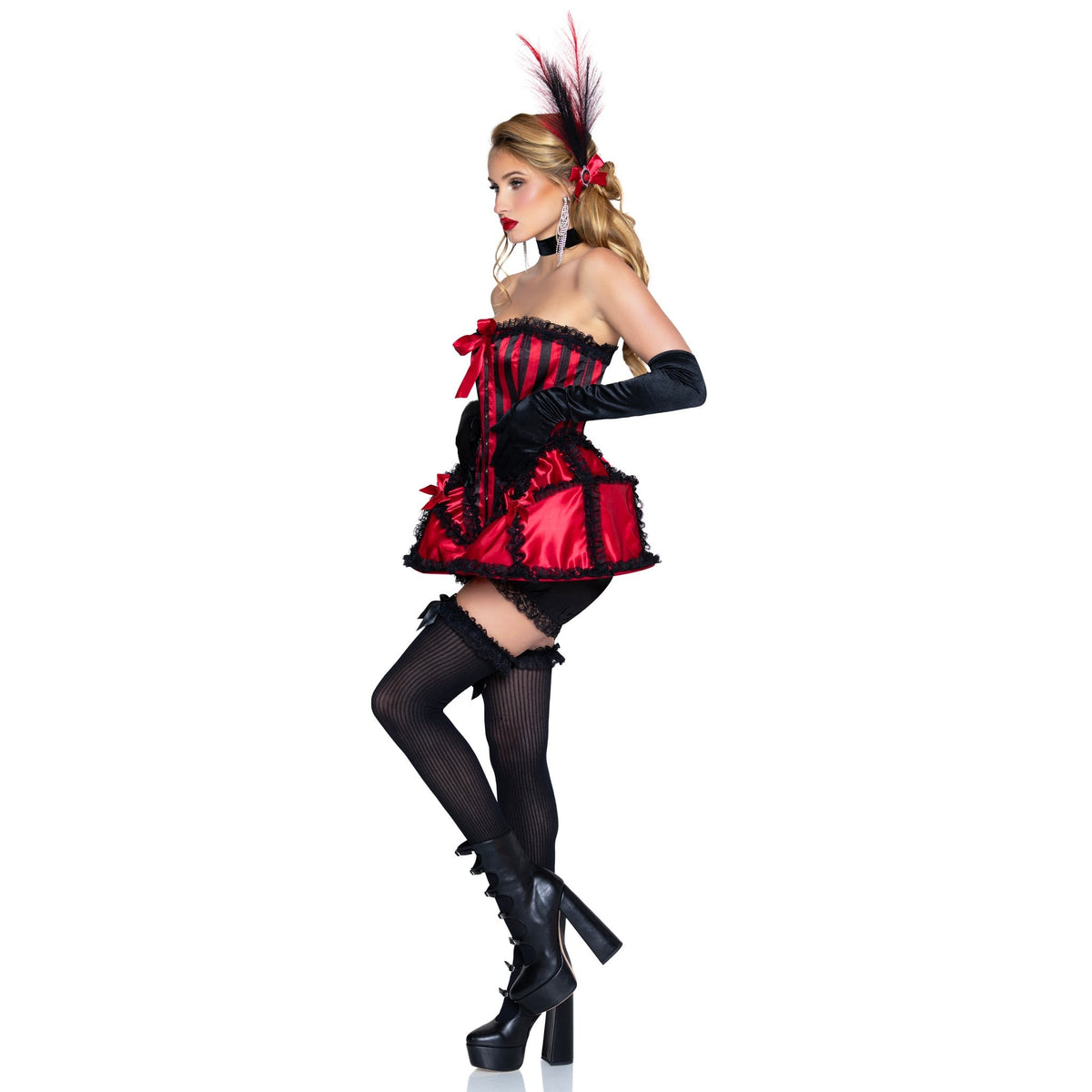 Side view of red and black saloon girl costume with corset dress and feather head piece - Golddiggers Boutique