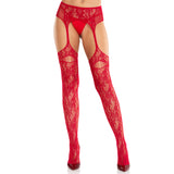 Front view of red bloom net cut-out thigh stockings with attached garter belt - Golddiggers Boutique