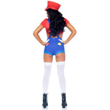 Back view of red and blue gamer costume with suspender shorts and hat - Golddiggers Boutique