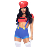 Close front view of red and blue gamer costume with suspender shorts and hat - Golddiggers Boutique