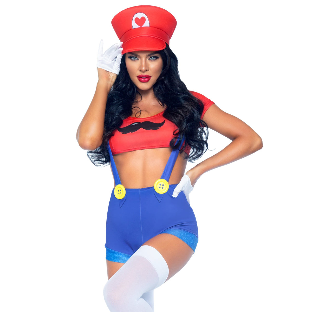 Close front pose of red and blue gamer costume with suspender shorts and hat - Golddiggers Boutique