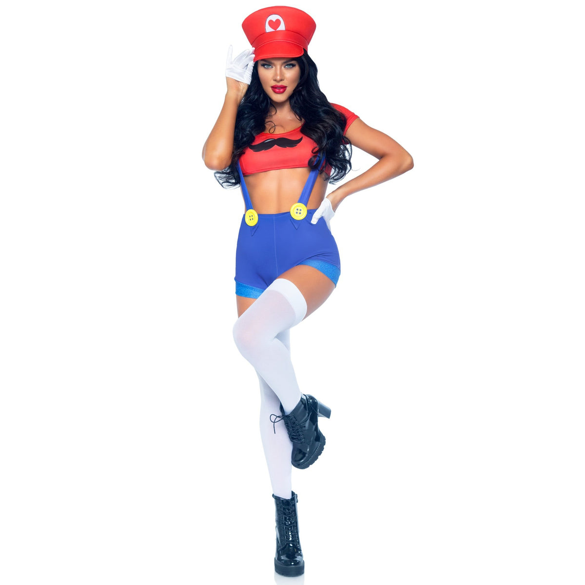 Front pose of red and blue gamer costume with suspender shorts and hat - Golddiggers Boutique
