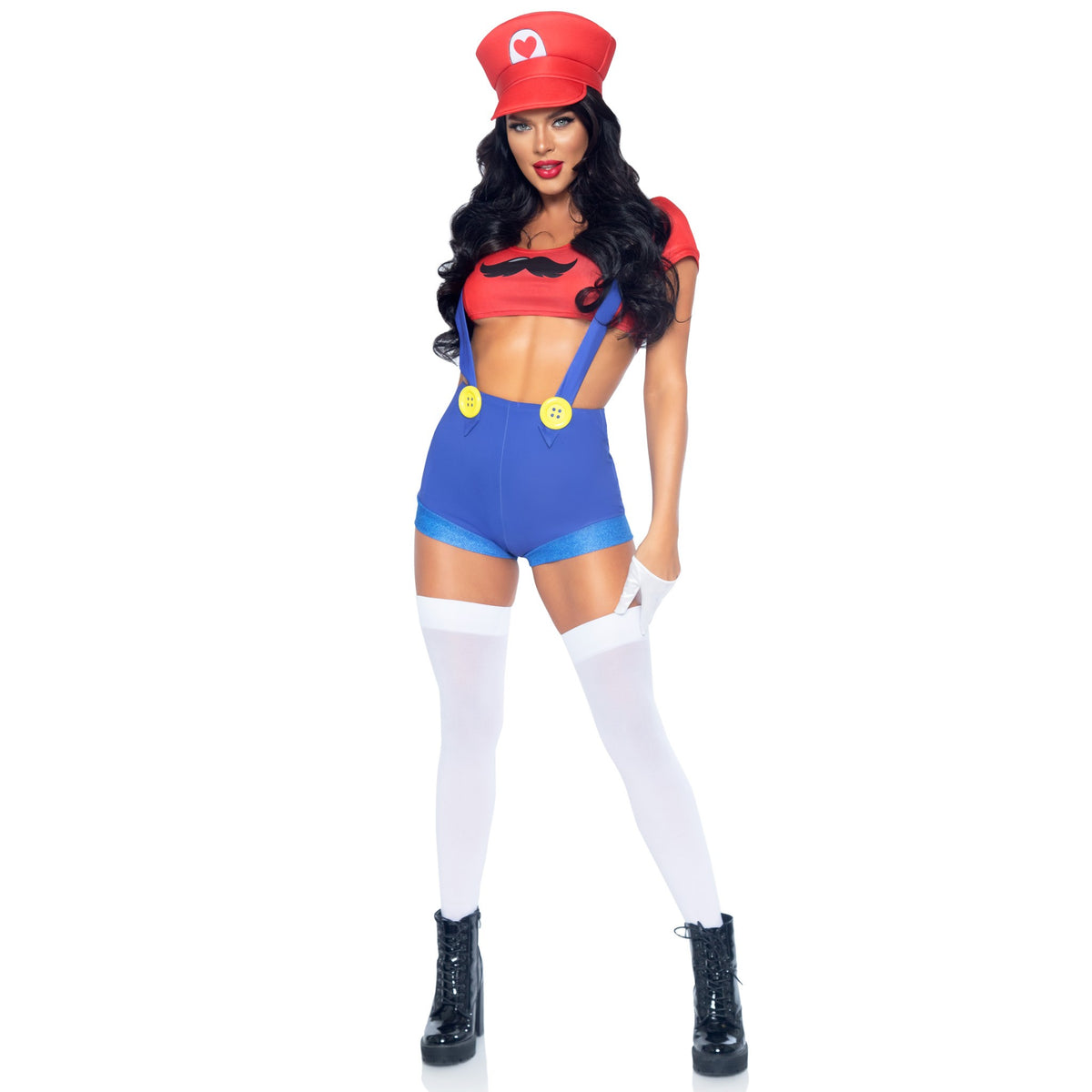 Front view of red and blue gamer costume with suspender shorts and hat - Golddiggers Boutique