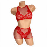 Front view of the Red Carmen fishnet and lace high neck crop top and high waist boy shorts set on a mannequin - Golddiggers Boutique
