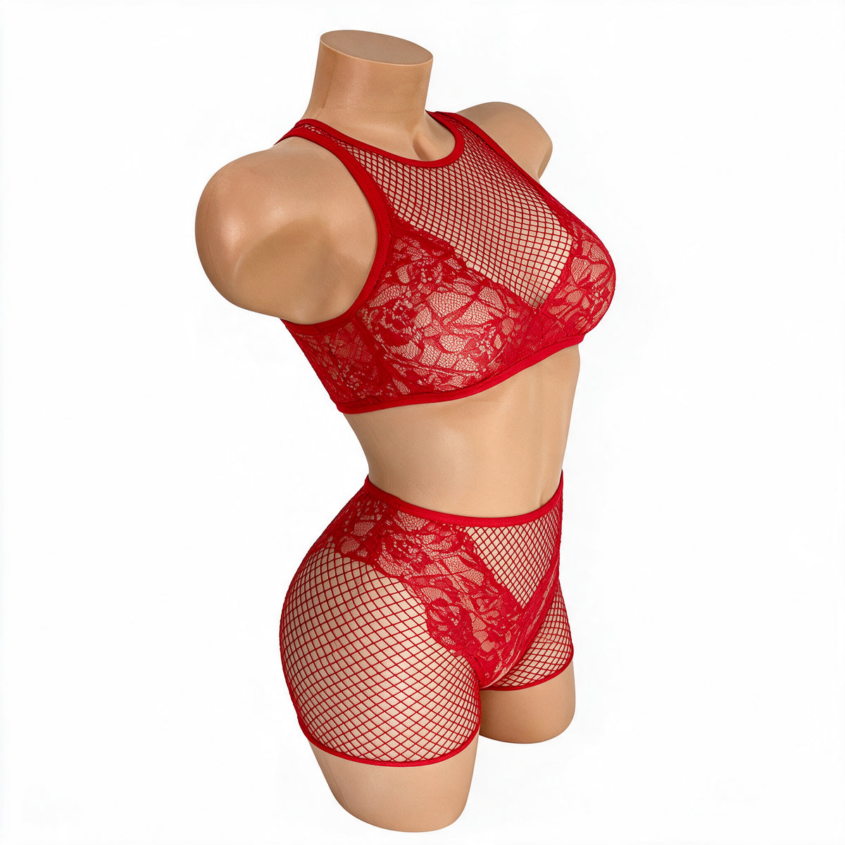 Side view of the Red Carmen fishnet and lace crop top and boy shorts set on a mannequin - Golddiggers Boutique