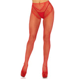 Front view of red crotchless fishnet tights with heart backseam - Golddiggers Boutique