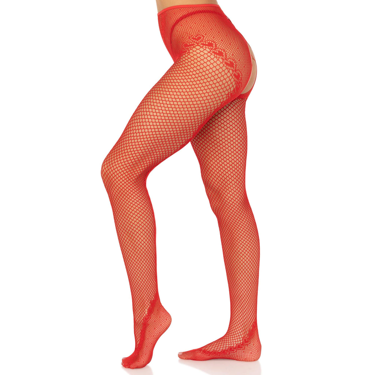 Side view of red crotchless fishnet tights with heart backseam - Golddiggers Boutique
