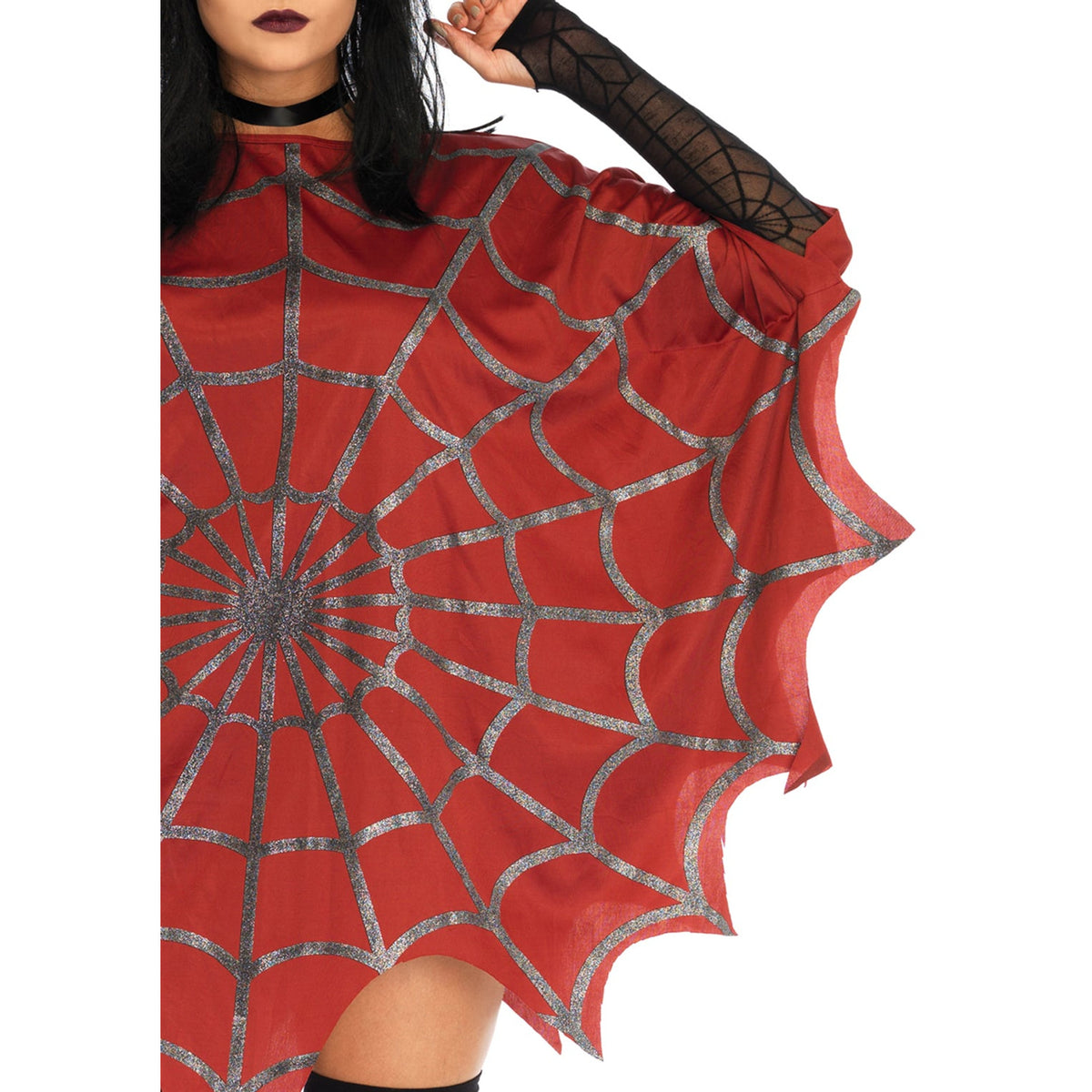 Close-up front view of red glitter spiderweb poncho - Golddiggers Boutique