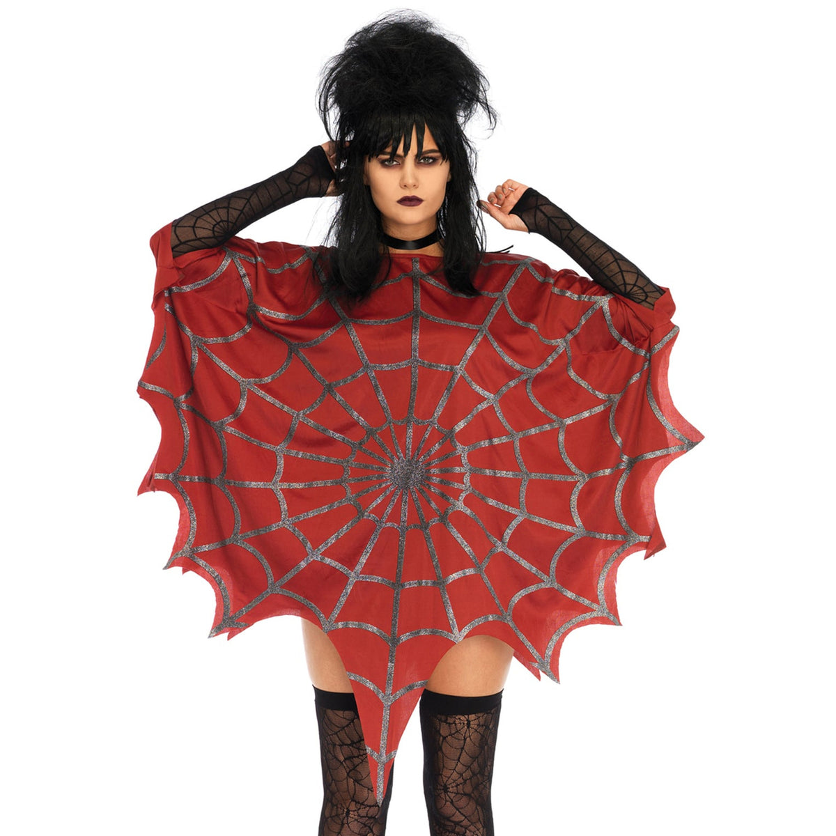 Front view of red glitter spiderweb poncho - Golddiggers Boutique