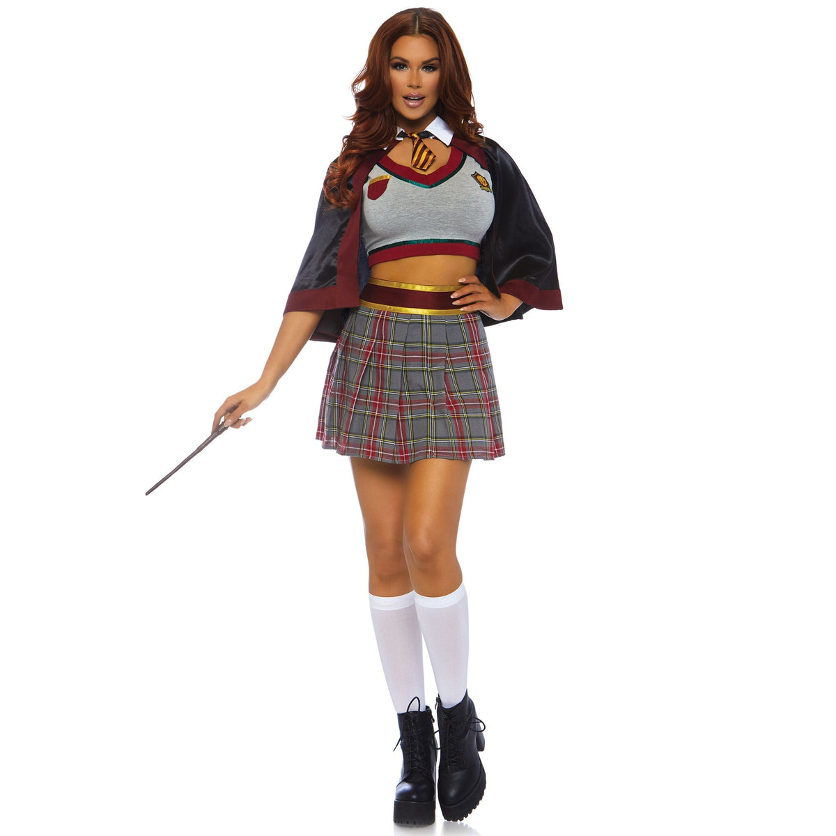 Detail view of red and gray wizard schoolgirl costume - Golddiggers Boutique