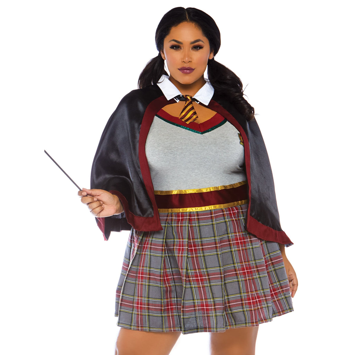 Front view of red and gray wizard schoolgirl costume in plus size - Golddiggers Boutique
