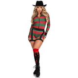 Front pose of red and green striped slasher costume romper with belt harness - Golddiggers Boutique
