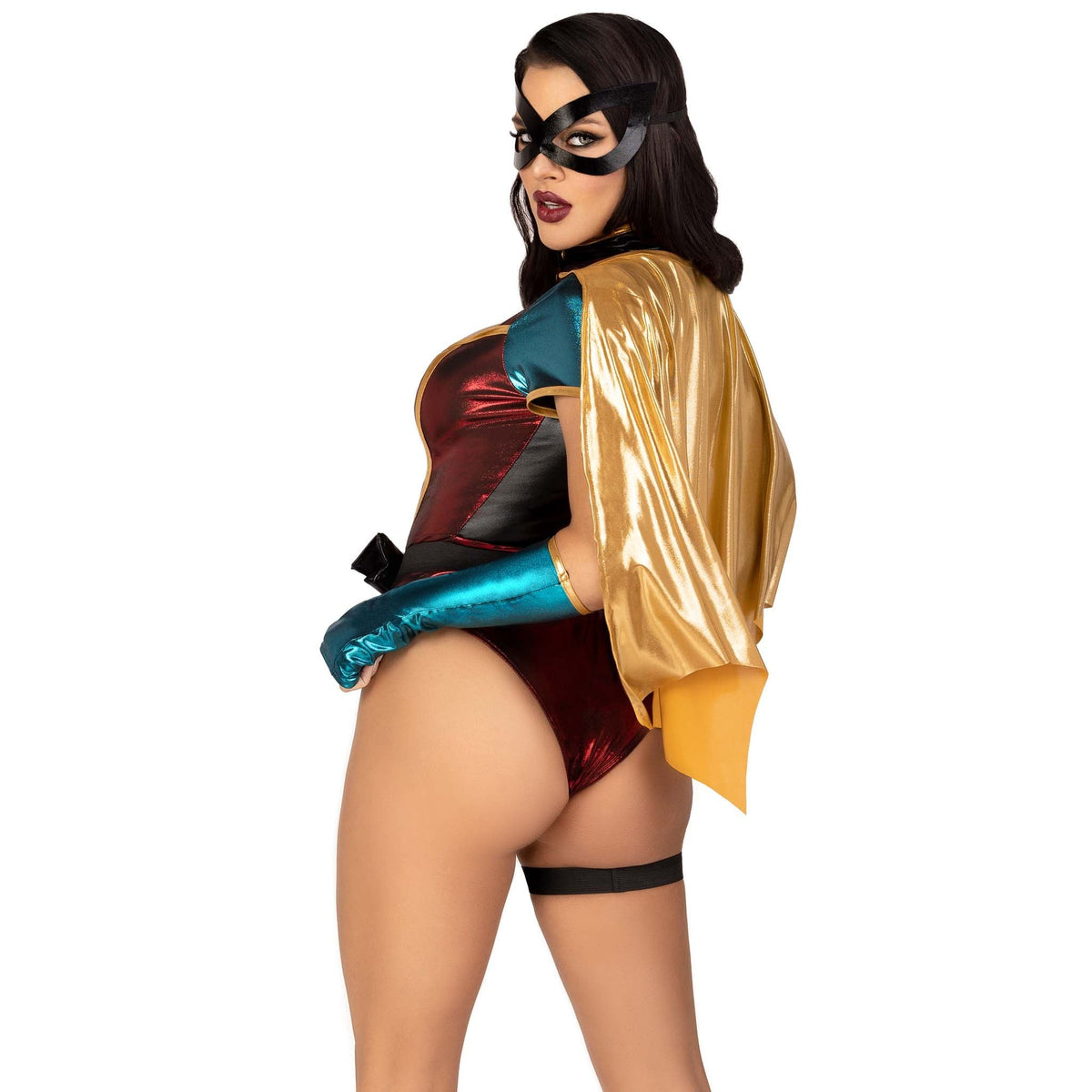Close back view of red and green superhero sidekick costume with cape and mask - Golddiggers Boutique