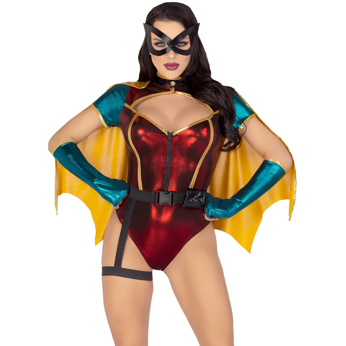 Close front view of red and green superhero sidekick costume with cape and mask - Golddiggers Boutique