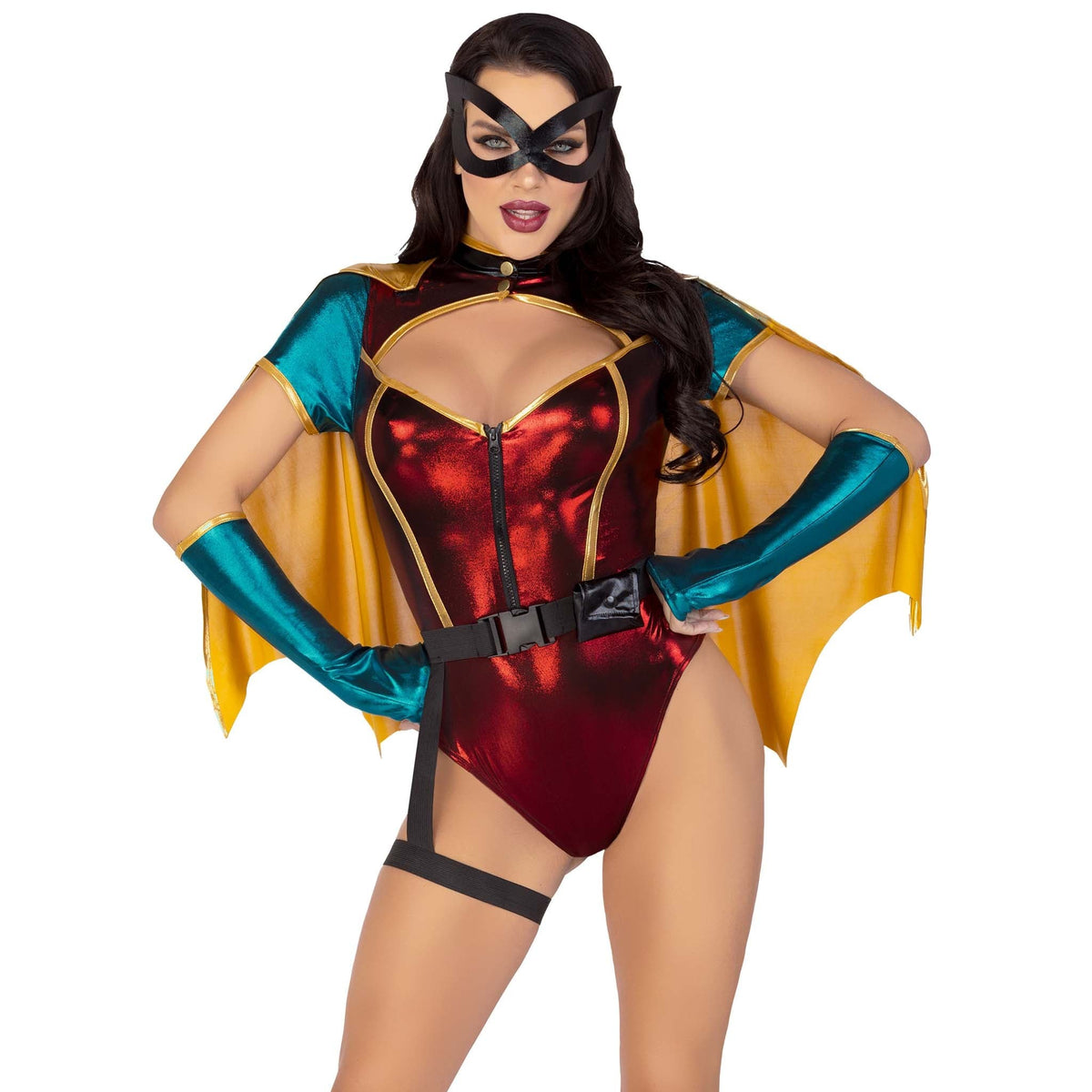 Close front pose of red and green superhero sidekick costume with cape and mask - Golddiggers Boutique