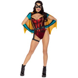 Front pose of red and green superhero sidekick costume with cape and mask - Golddiggers Boutique