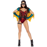 Front view of red and green superhero sidekick costume with cape and mask - Golddiggers Boutique