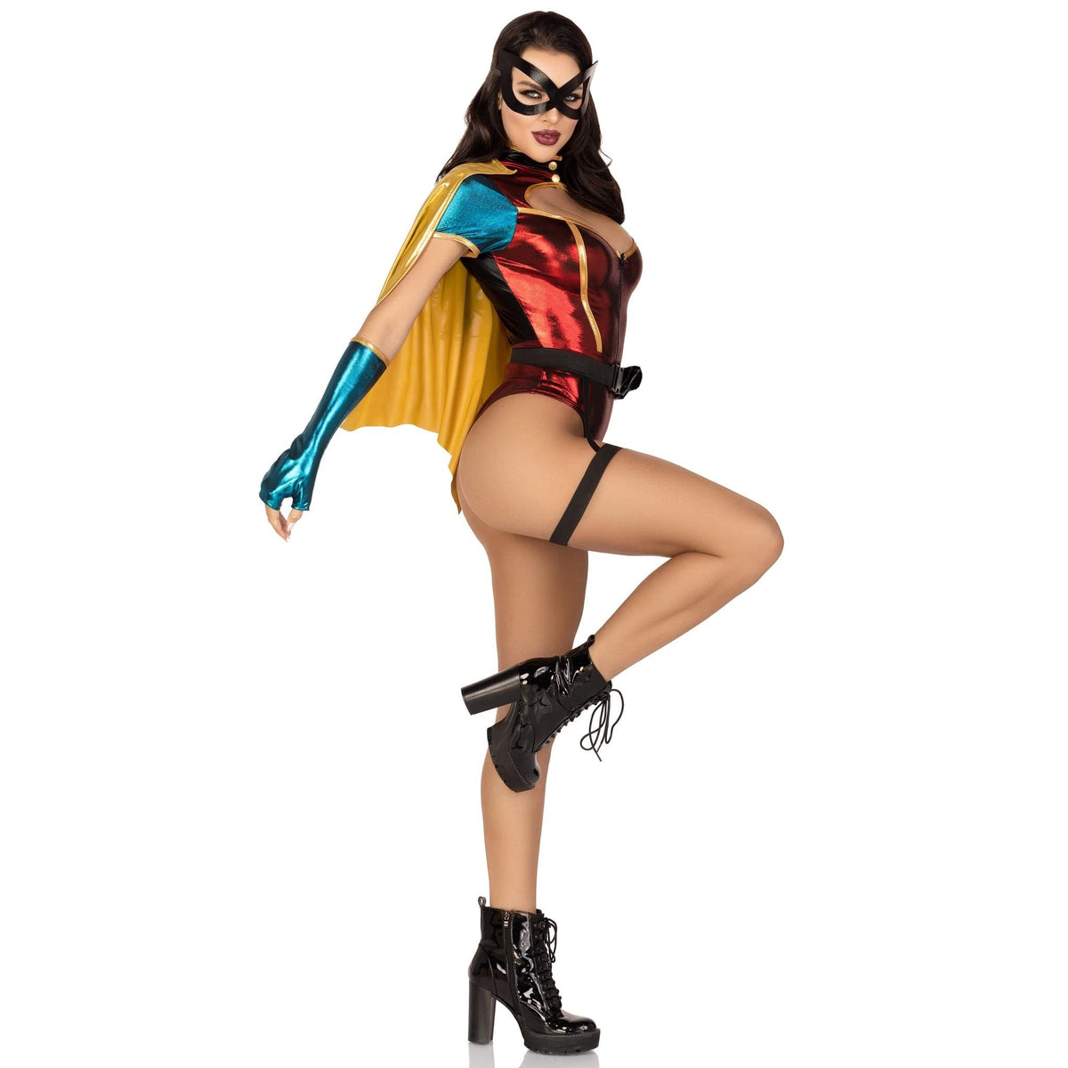Side view of red and green superhero sidekick costume with cape and mask - Golddiggers Boutique