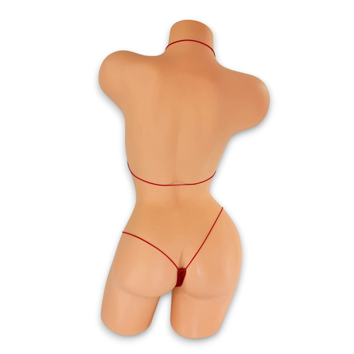 Back view of Red Holo micro 'kini on mannequin showing red elastic string ties and g-string back