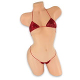 Front view of Red Holo micro 'kini on mannequin, red holographic triangle top and tiny g-string thong