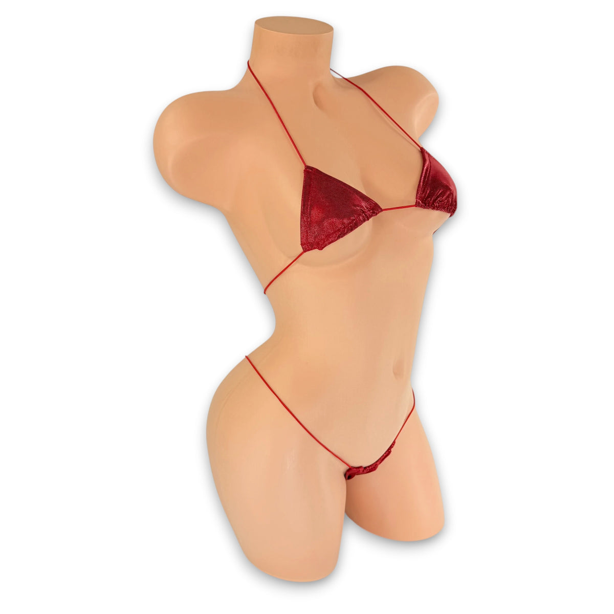 Side view of Red Holo micro 'kini on mannequin, shimmering red holographic exotic dancewear
