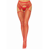 Front view of red industrial net stockings with o-ring garter belt - Golddiggers Boutique