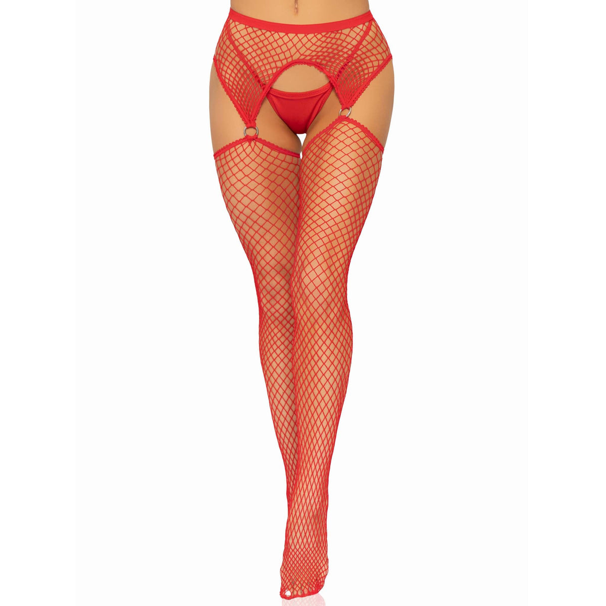 Front view of red industrial net stockings with o-ring garter belt - Golddiggers Boutique