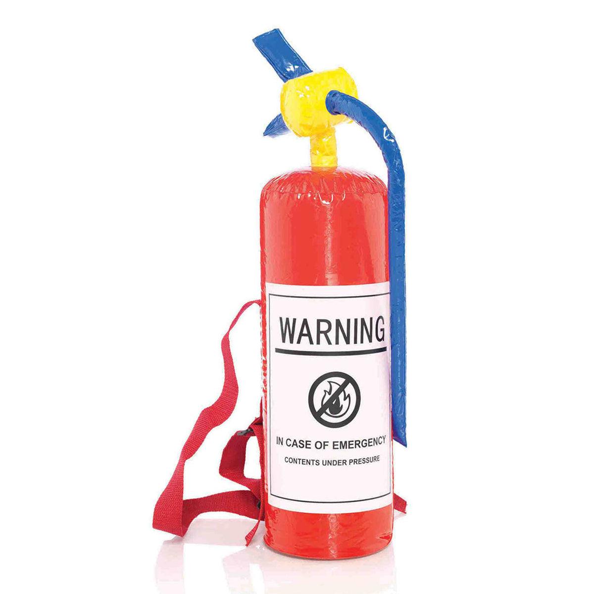 Flat lay view of red inflatable fire extinguisher prop - Golddiggers Boutique