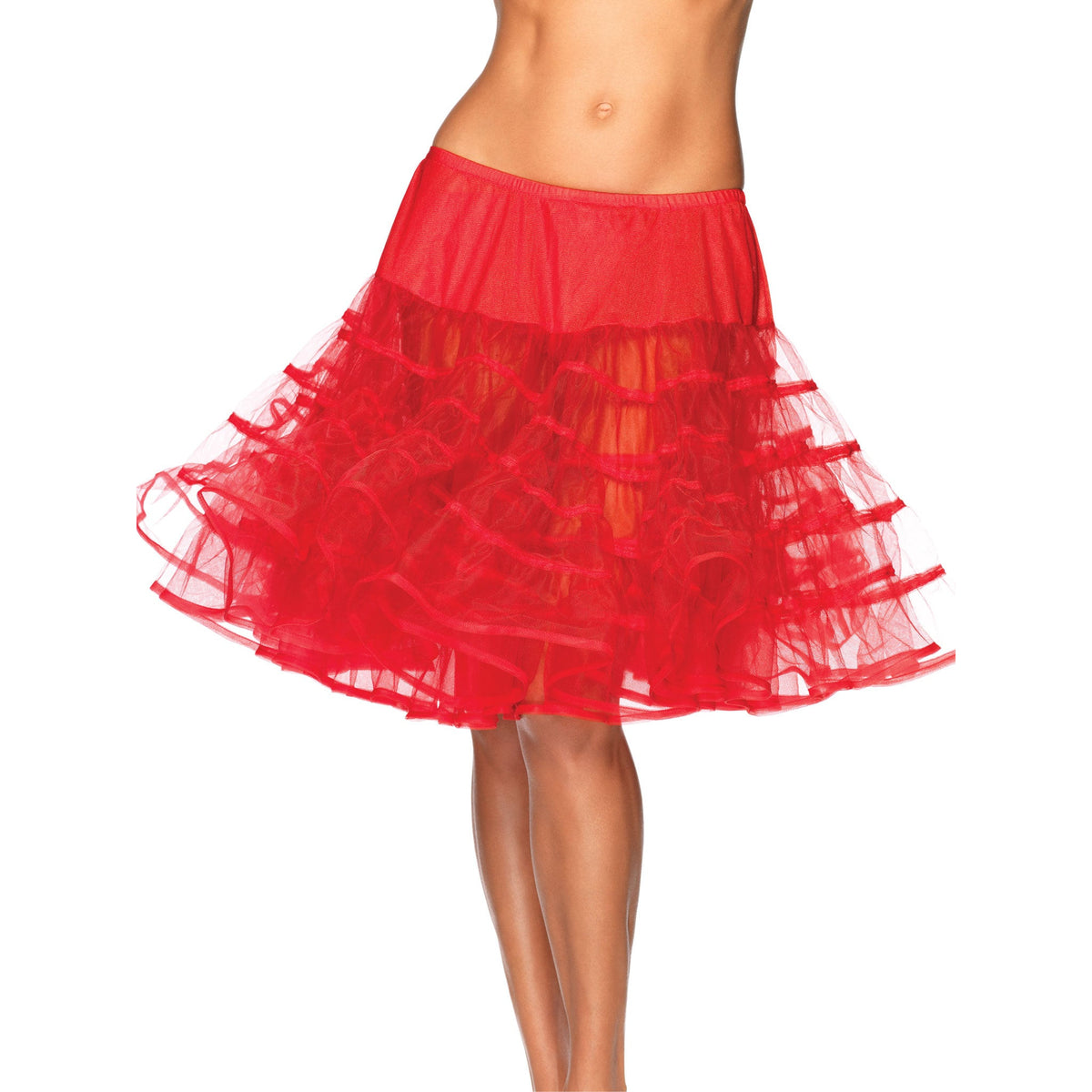 Close-up front view of red knee length ruffle petticoat - Golddiggers Boutique