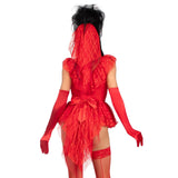 Close back view of red lace gothic bride costume with bodysuit, bustle bow, and veil - Golddiggers Boutique